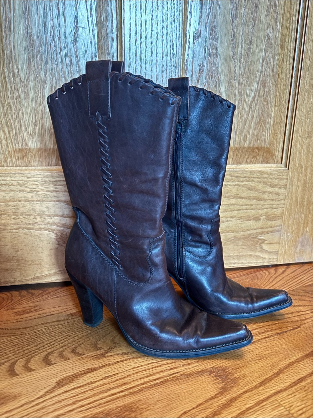 Steve Madden Dark Brown Leather Mid-Calf Heeled Boots